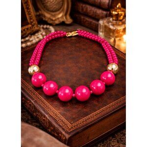 MONET Red Lucite Bead Necklace Vintage Gold Tone Statement Jewelry